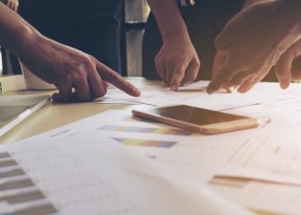 Vintage style photo of business working group of people are discussing together